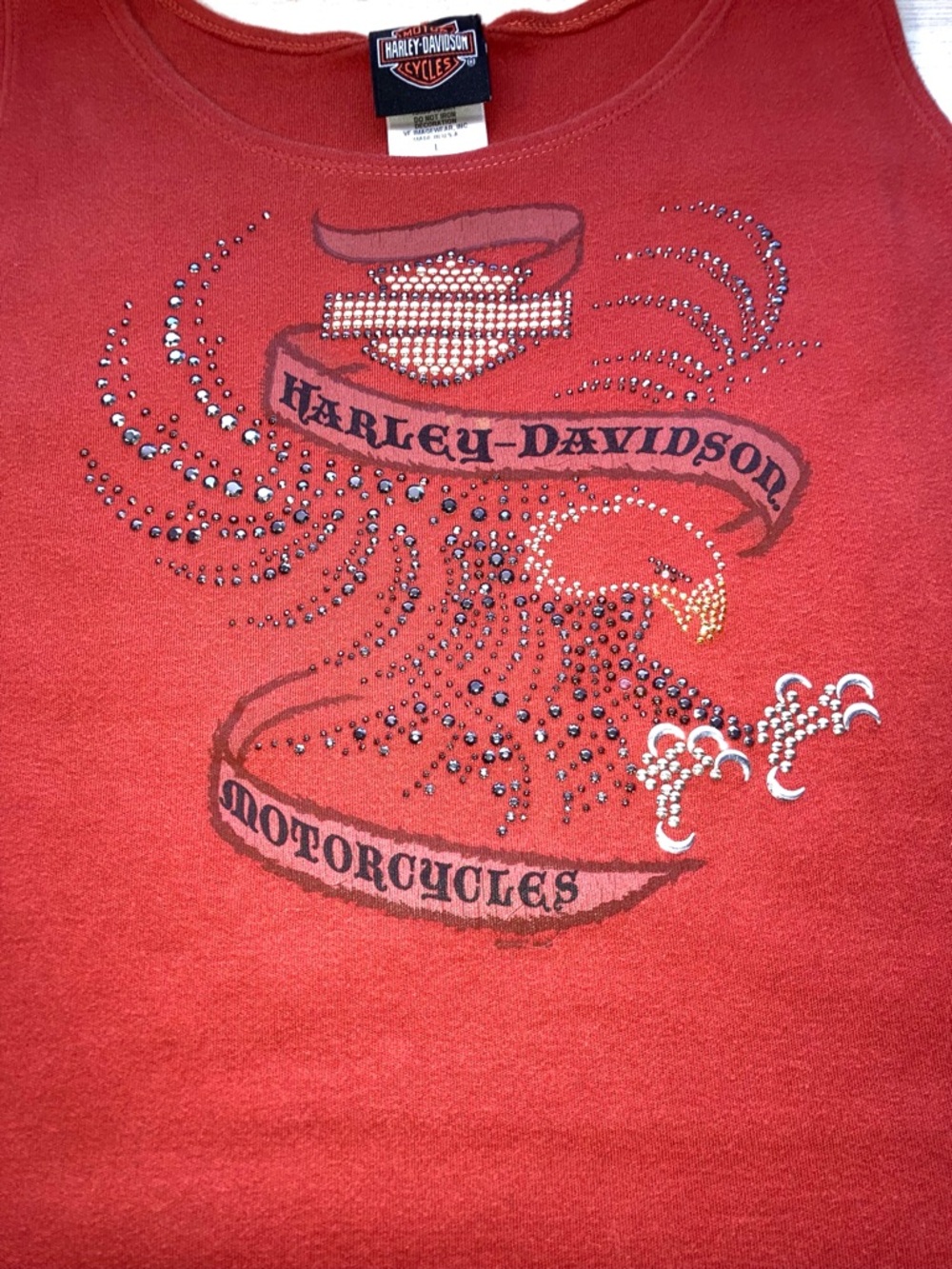 Harley-Davidson Rhinestone Eagle Tank Top Women's L Burnt Orange Springfield IL